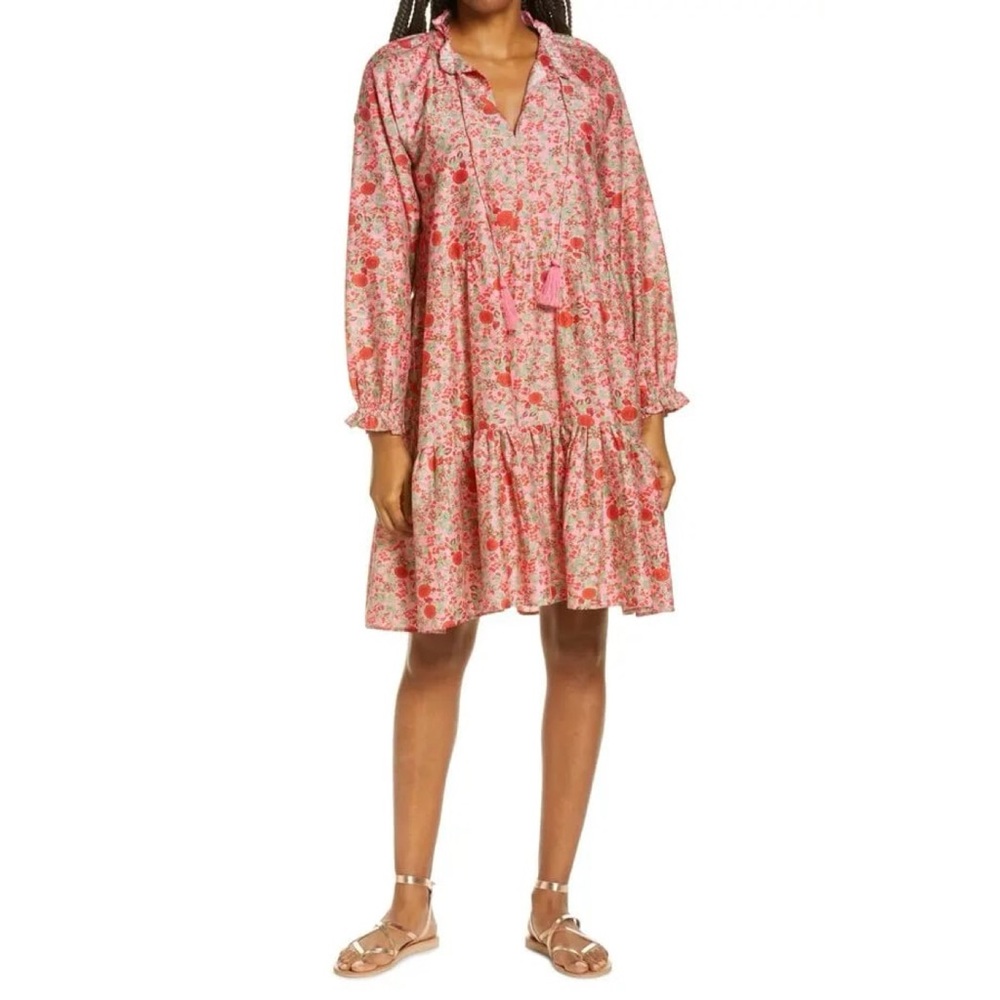 Roller Rabit Rhody Janni Dress Medium Pink Floral Ruffle Tiered Resort Vacation - Picture 2 of 12